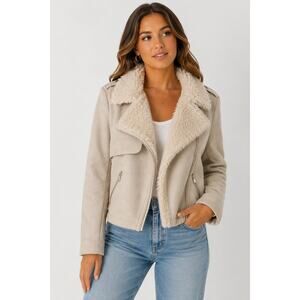 Y2K Women’s XL Faux Shearling Moto Jacket Cream Beige Cozy Winter Biker Coat